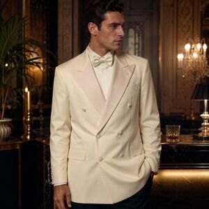 VTG‎ Hickey Freeman Ivory Double Breasted Dinner Tuxedo Jacket 47XL Blush Lapel